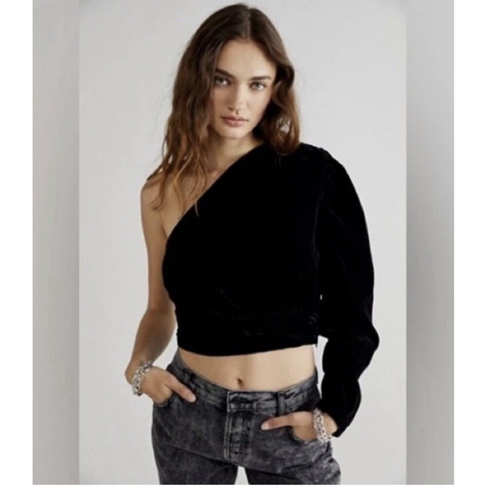 FREE PEOPLE Tell Me About it one shoulder top size M black velvet